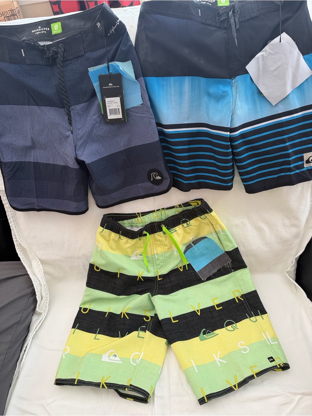 3 Quiksilver Boys' Green, Yellow and Black Stripe Boardshorts - Kids Bottoms